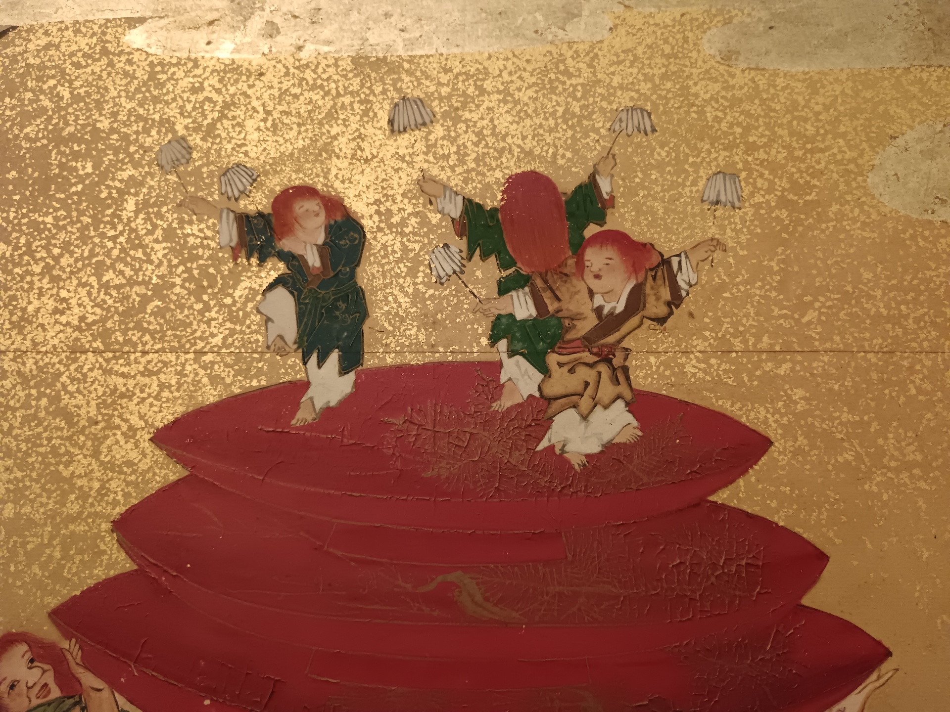 Particolare Shōjō e sakè, paravento a sei ante firmato Hakugasai Momoyama hitsu_1